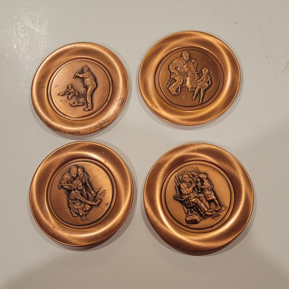 Set of 4 Vintage 1979 Hamilton Collection Norman Rockwell Copper Mini Plates